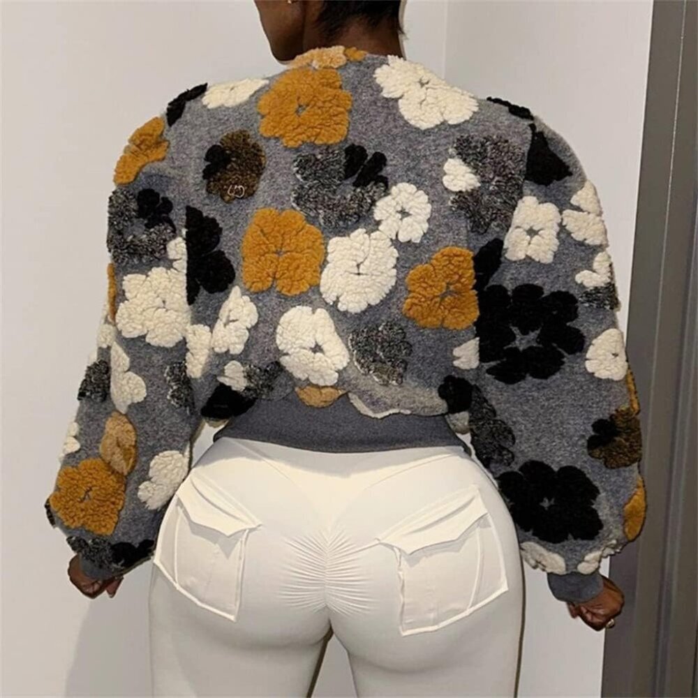 Women's Cropped Floral Print Fleece Bomber Jacket Casual Winter Outerwear - Picture 2 of 7